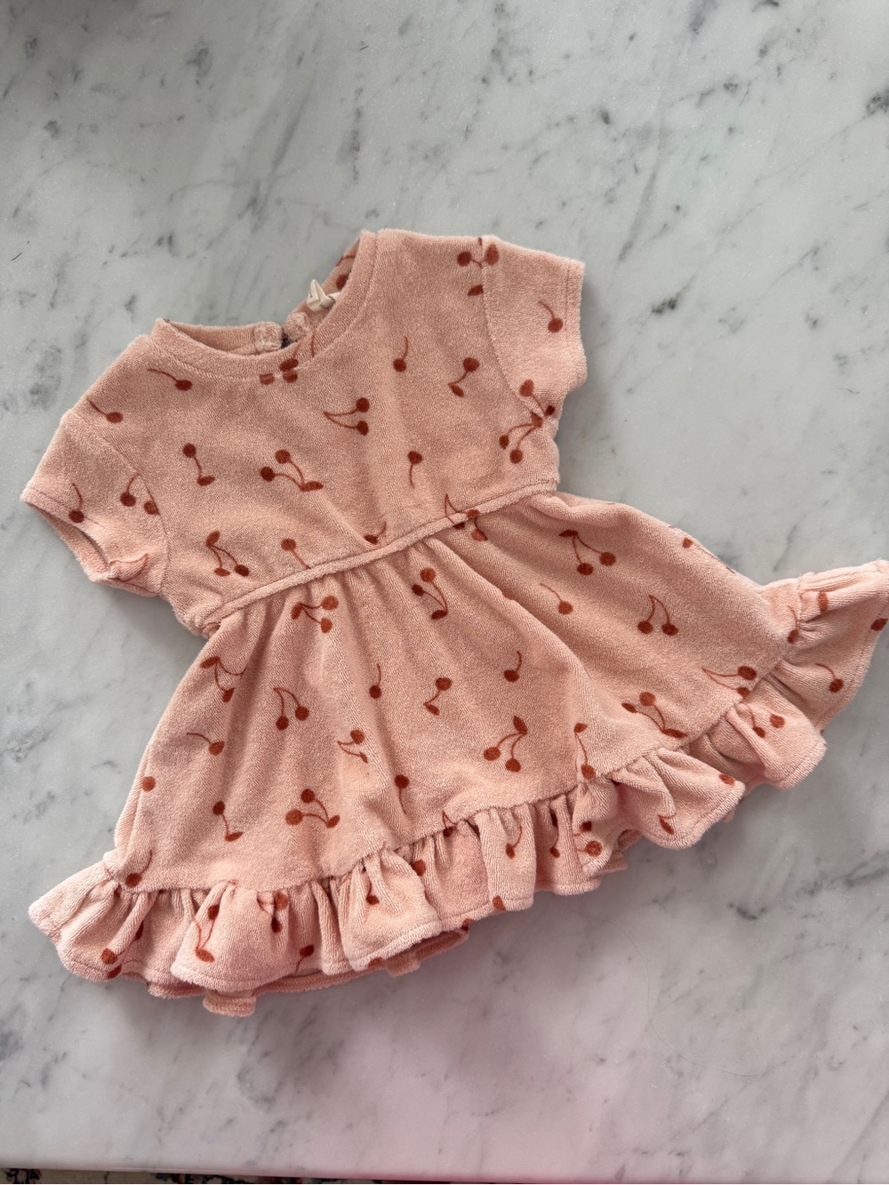Quincy Mae Terry Dress in “Cherries” Print 🍒 Ruffle Trim Melon 🍈 Color Towelling